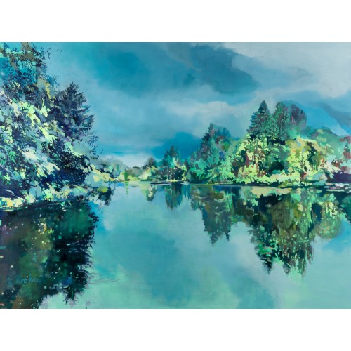 Blue lake in green