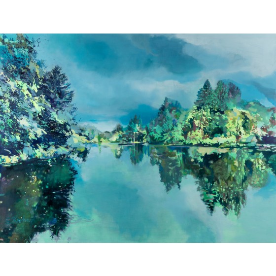 Blue lake in green